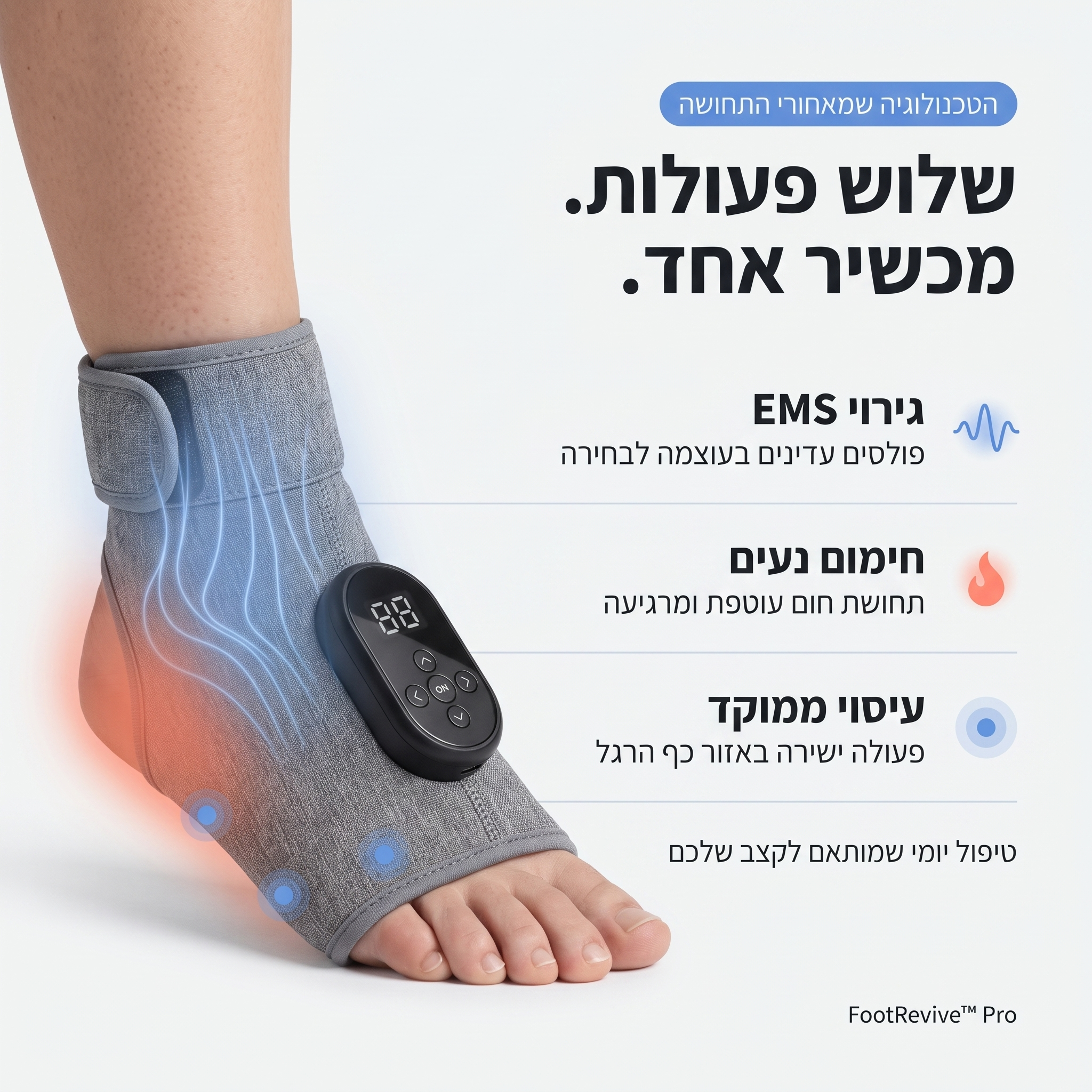 FootRevive™ Pro — מכשיר שיקום מתקדם בטכנולוגיית 3-ב-1 לכפות הרגליים והשוקיים